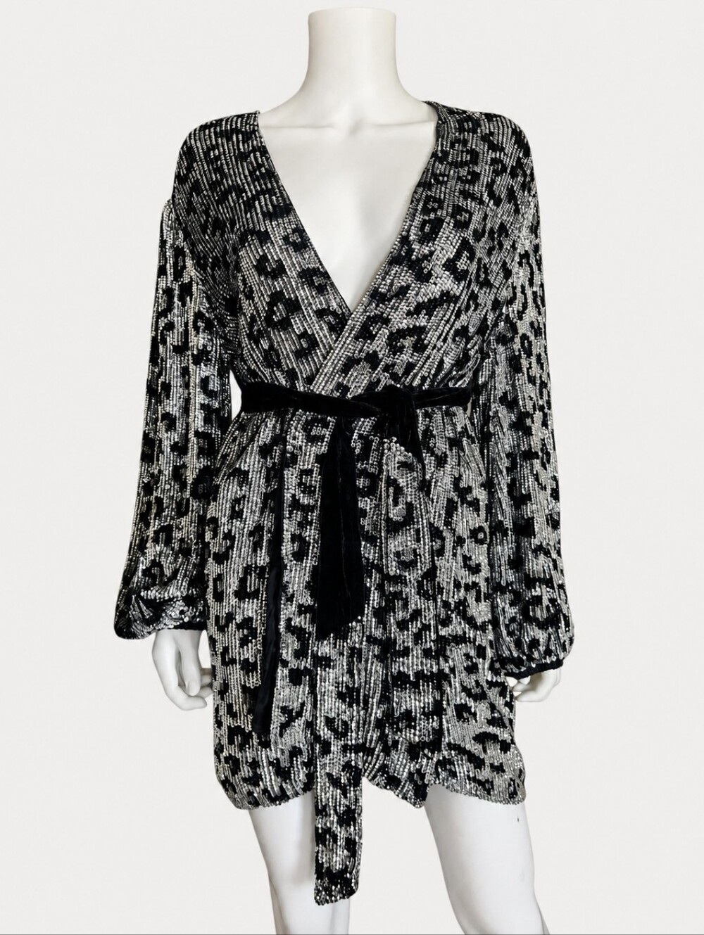 RETROFÊTE | Gabrielle Leopard Sequin Wrap Mini Dress XS